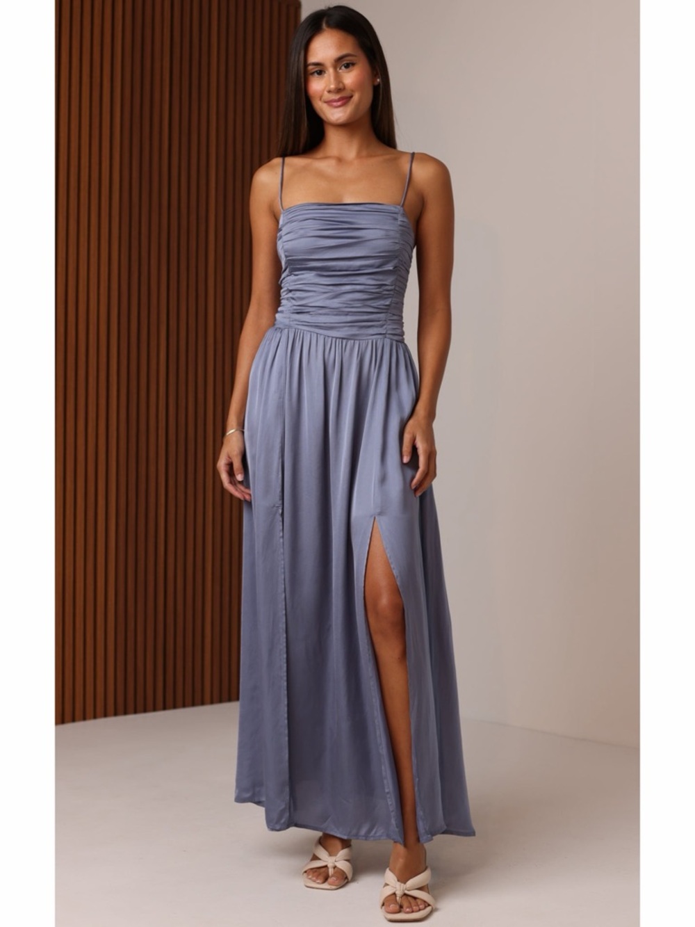 NWT Shore Elenore Night Sky Blue‎ Satin Ruched Side Slit Maxi Dress